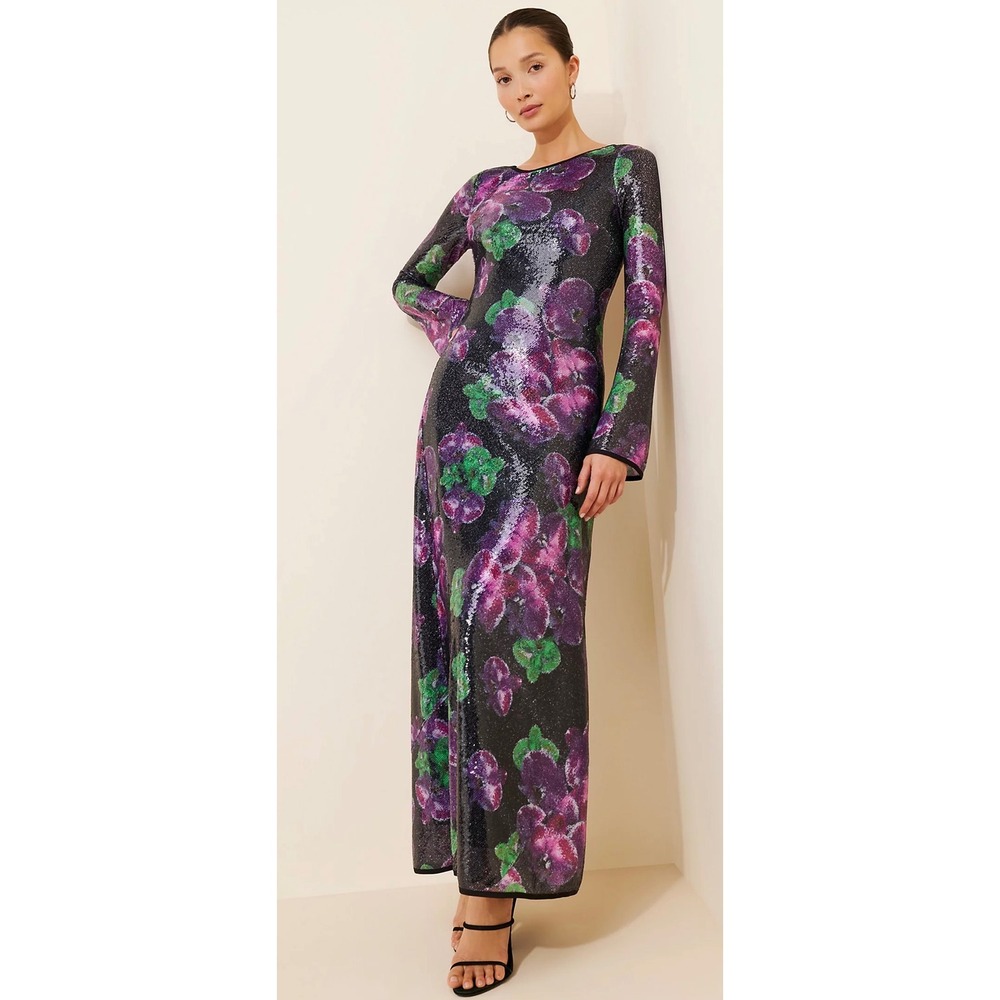 The Wolf Gang Lenee Sequin Maxi Dress XS Dark Floral Formal Gown